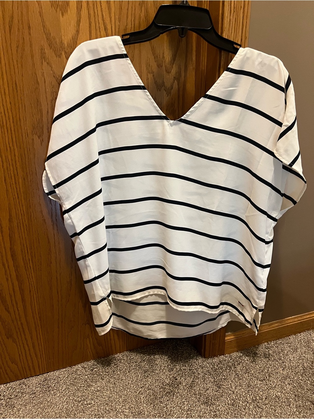 Striped V-Neck Boxy Blouse - White with Stripes